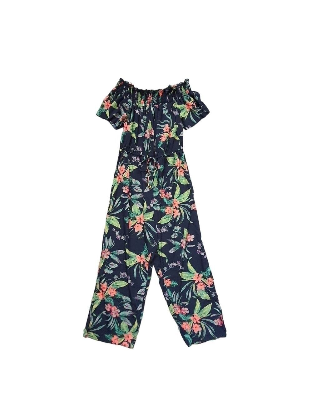 Vacation Tropical Jumpsuit Wide Leg Short Sleeve Smocked Tie Waist Jumpsuit 1X